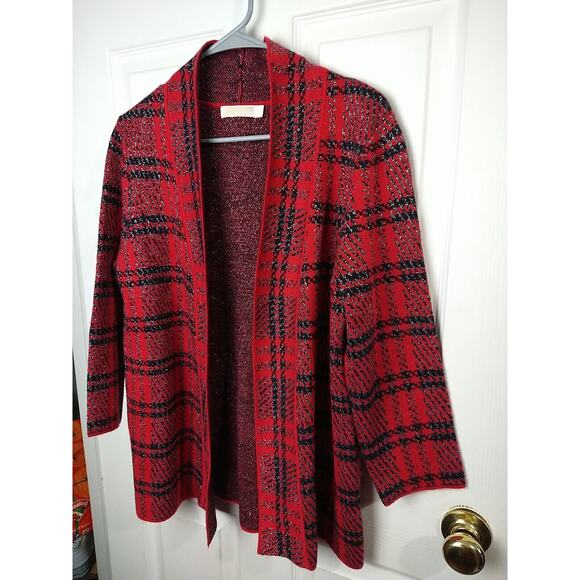 Christina Women's L Sweater Red Plaid Shimmer Pullon 3/4 Sleeve Cardigan - Picture 2 of 8
